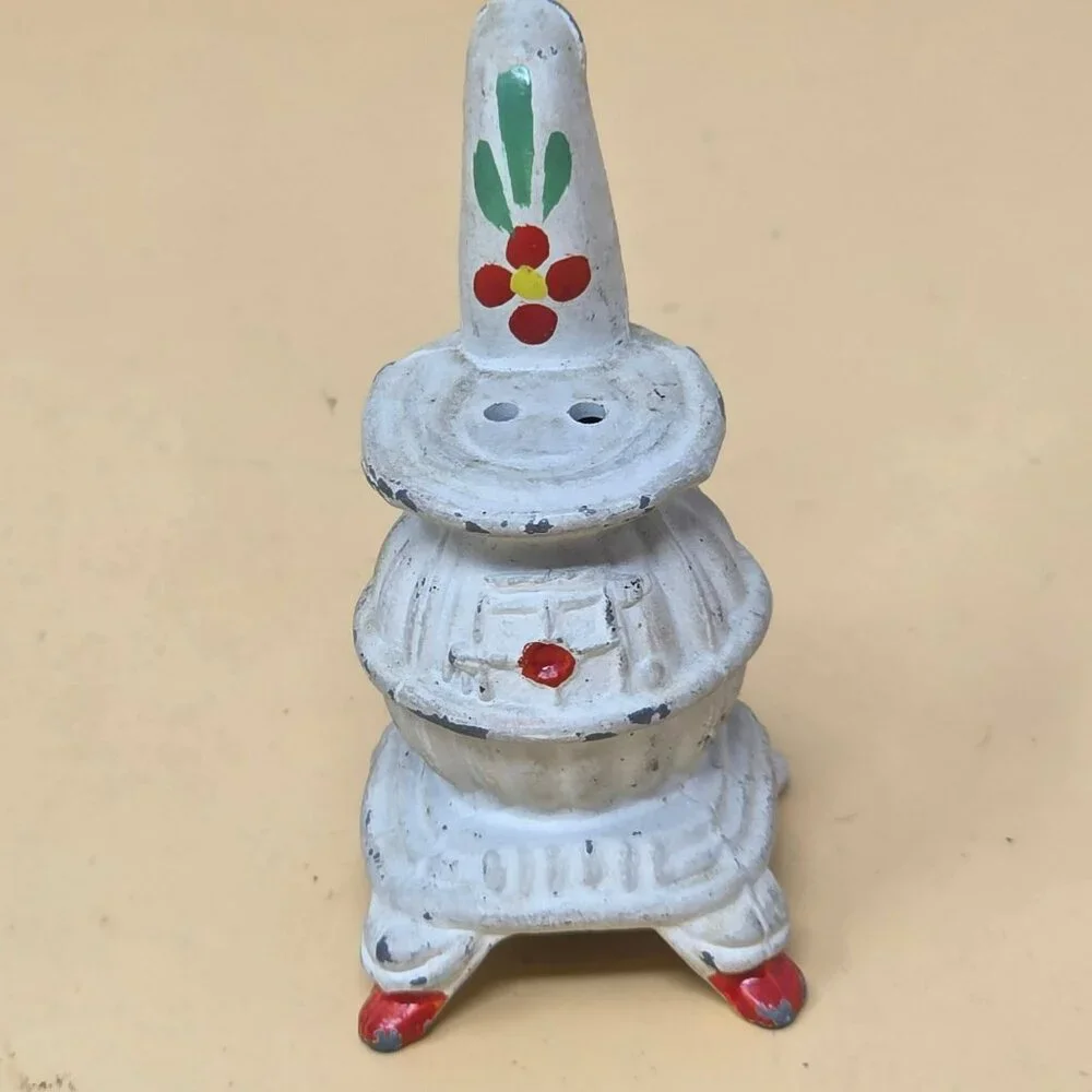 Vintage Cast Iron Miniature Rocking Chair & Stove Set With Floral Accents‎
